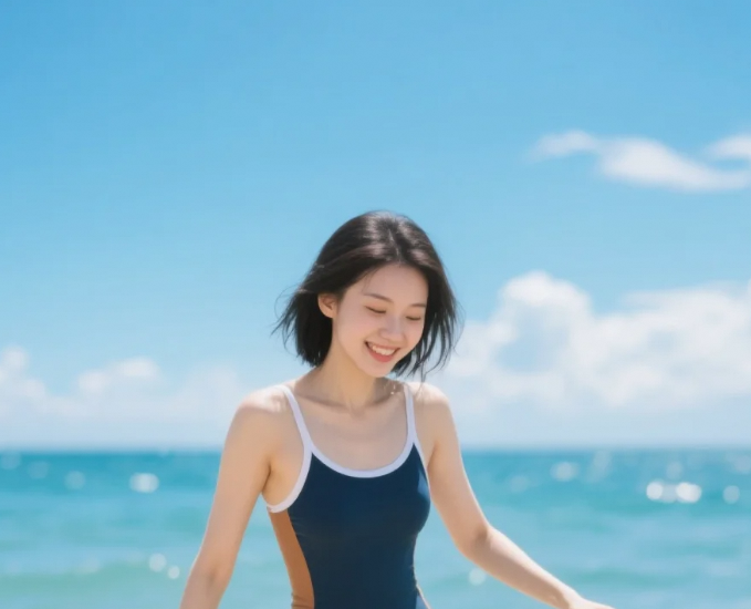潮汐为幕，少女为诗：戏水美女的视觉留白