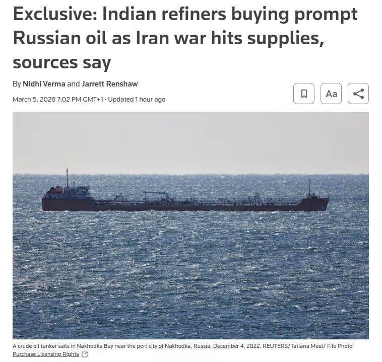 路透社报道，印度炼油商正采购数百万桶俄罗斯石油，以应对伊朗战争（美伊以冲突）引发