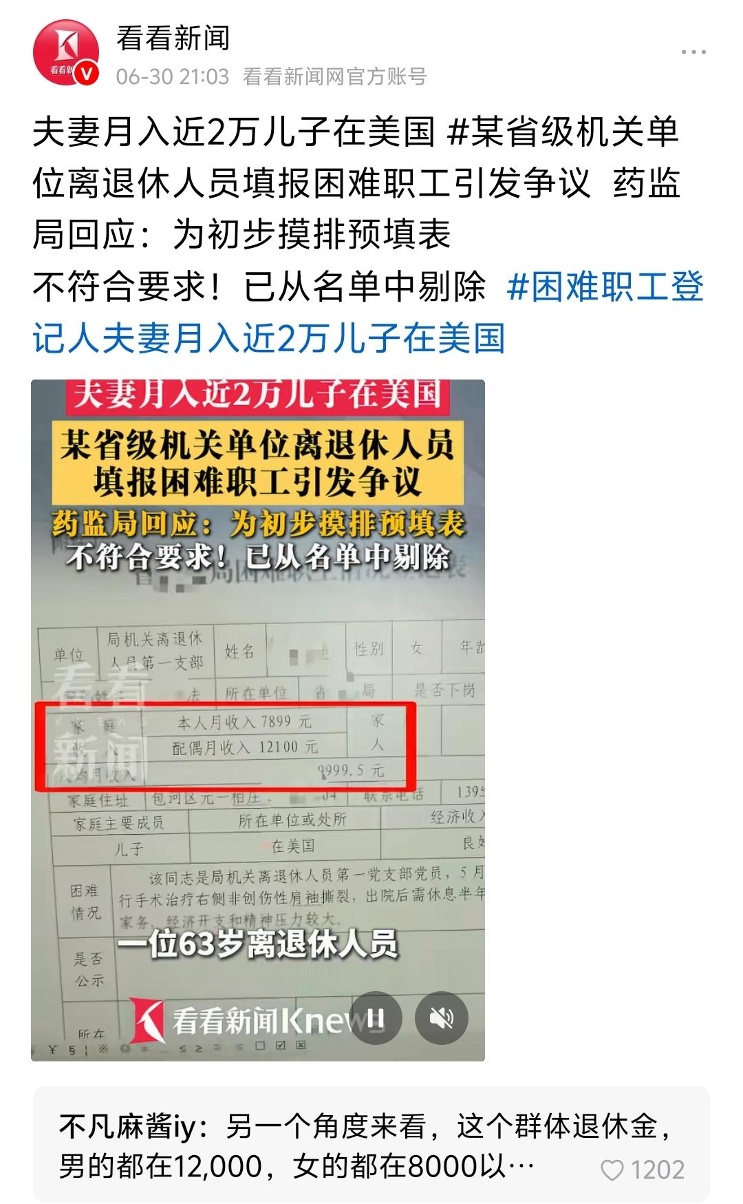 月入近两万还申请困难？儿子在美，退休金够花，这“困难”真让人哭笑不得！网友热
