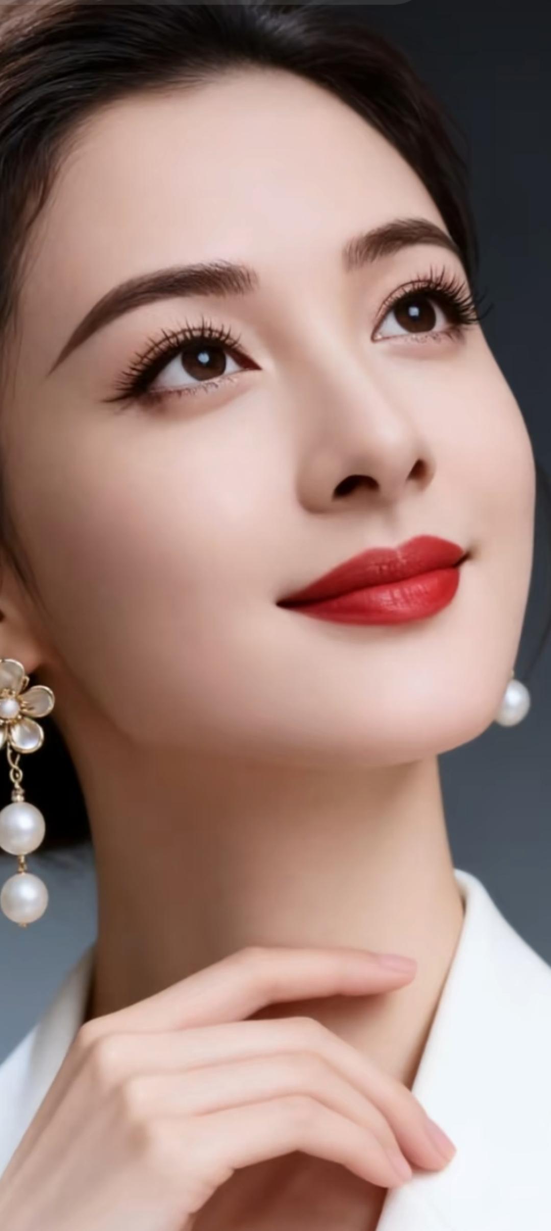 优雅红唇，珍珠耳环，气质满分！