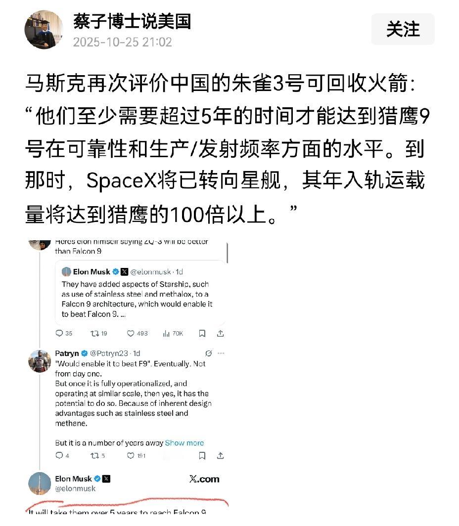 【马斯克的挑战：马斯克表示不担忧中国的回收火箭，未来星舰运载能力将达猎鹰的100