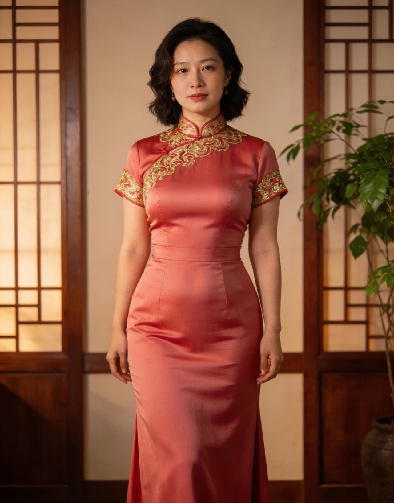 新中式旗袍：东方韵味的极致诠释淡红新中式旗袍，是东方美学的温柔具象。六组画