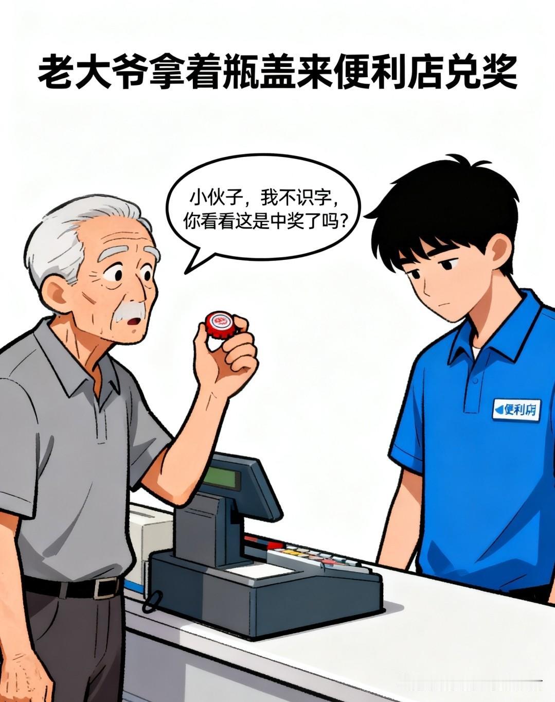 趣味漫画：大爷拿瓶盖兑奖，大爷：我不识字，这中奖了吗？店员：没中，谢谢惠顾。大爷