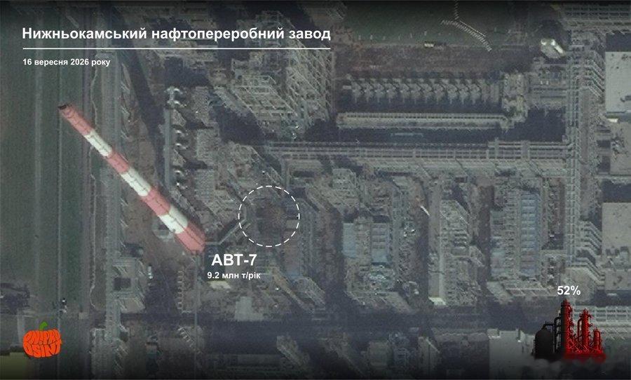 卫星照片显示，9月13日，乌军使用FP-1无人机袭击了下卡姆斯克的TANEKO炼油厂的结果，成功击中