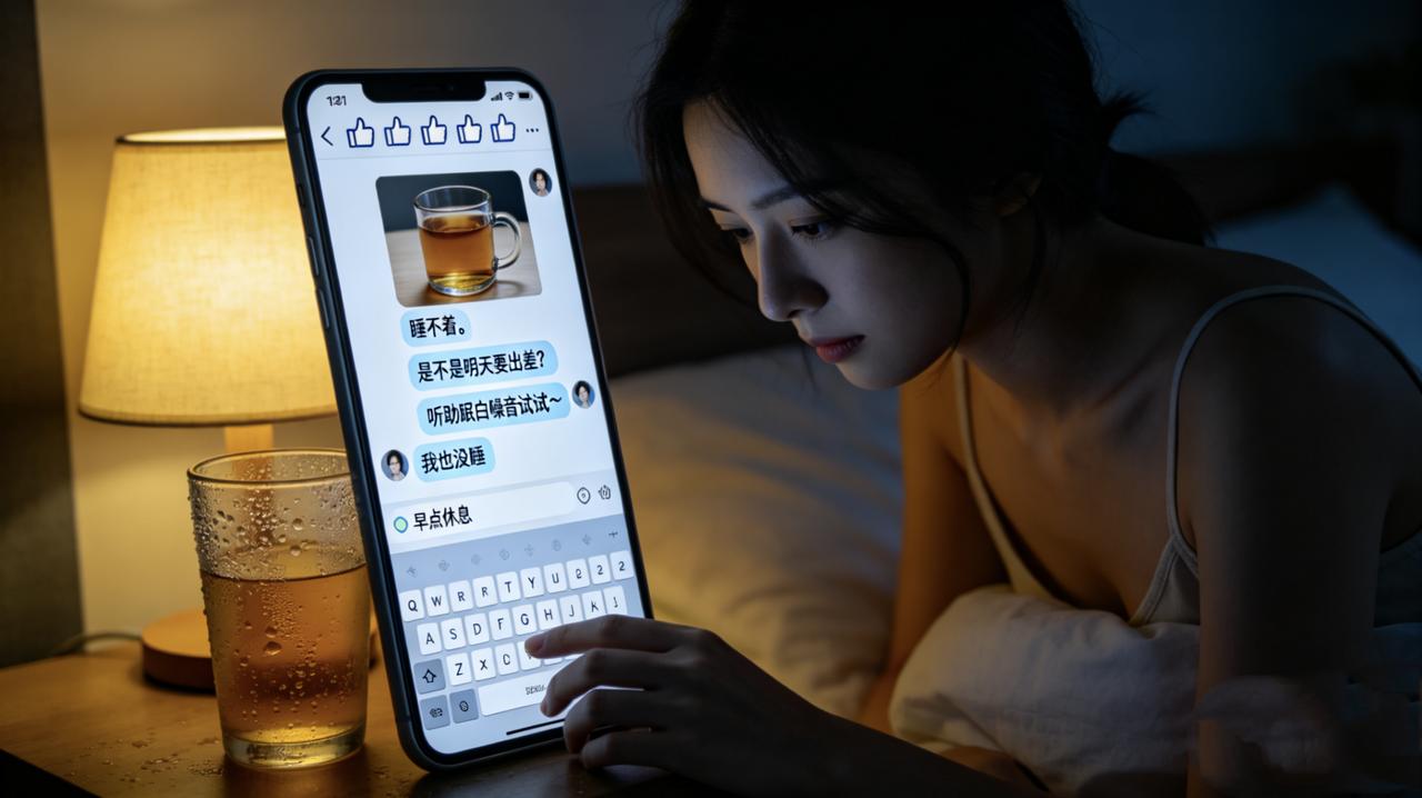 凌晨两点，她发了条朋友圈：“睡不着。”配图是一杯已经凉透的茶。三分钟，五个人