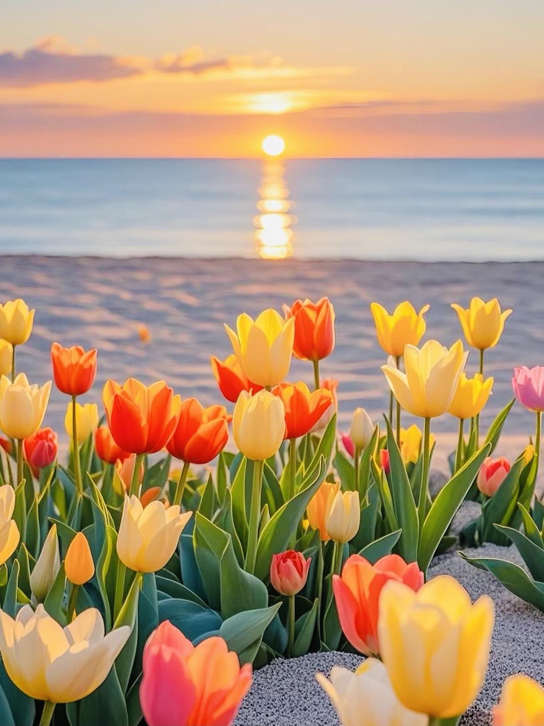 夕阳下，海边盛开的郁金香，简直美到犯规。花瓣薄如蝉翼，却稳稳托住整片夕阳