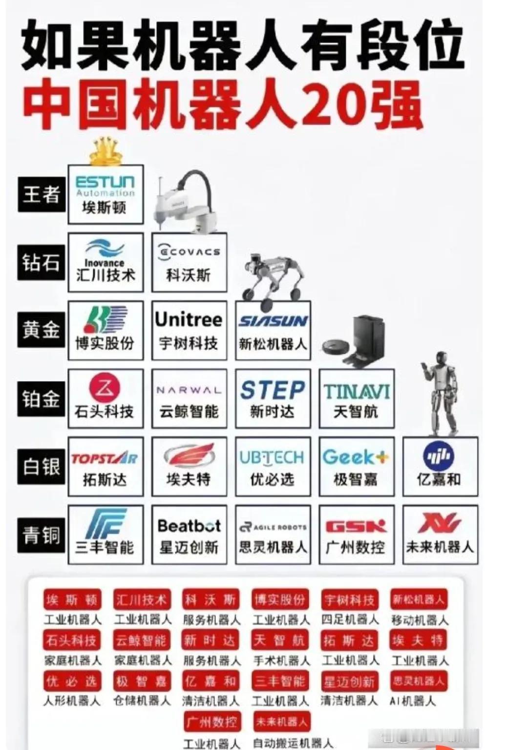 如果机器人有段位，中国机器人20强核心公司，包括埃斯顿、汇川技术、科沃斯、博实股