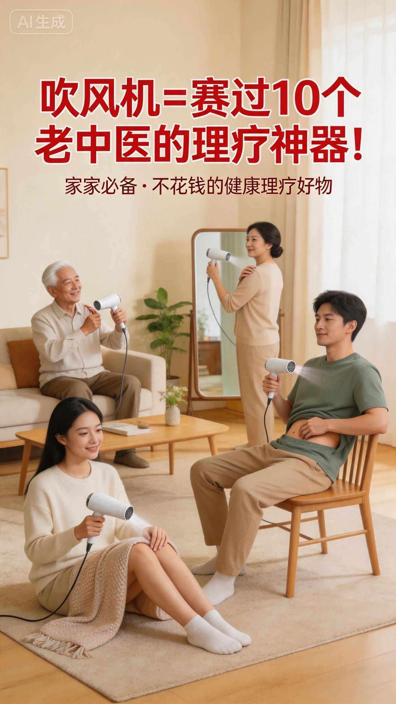 一个吹风机啊，它赛过10个老中医，家家呢，它都有吹风机，其实就是一个不花钱的理疗