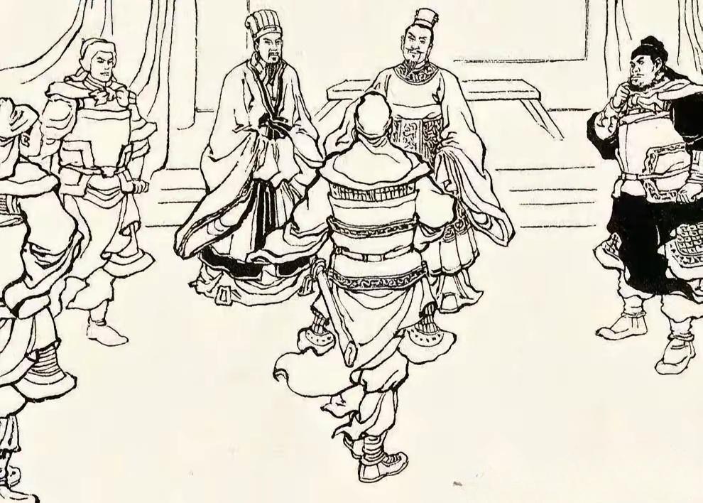 诸葛亮妥协收回军令。此图中诸葛亮面沉似水，当场发出军令要做一件坚持原则...