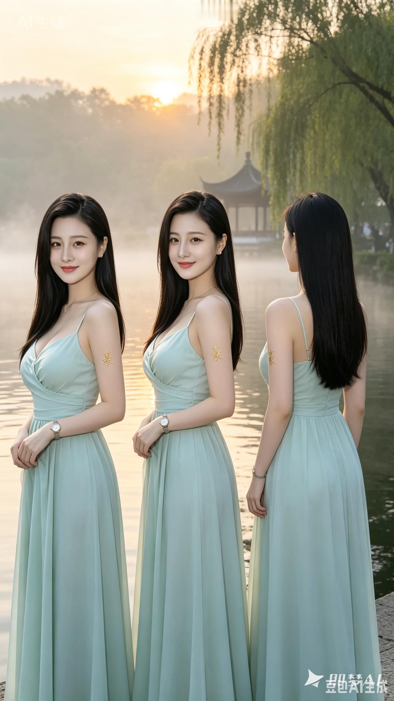 三位美女穿礼服，站在湖边微笑。