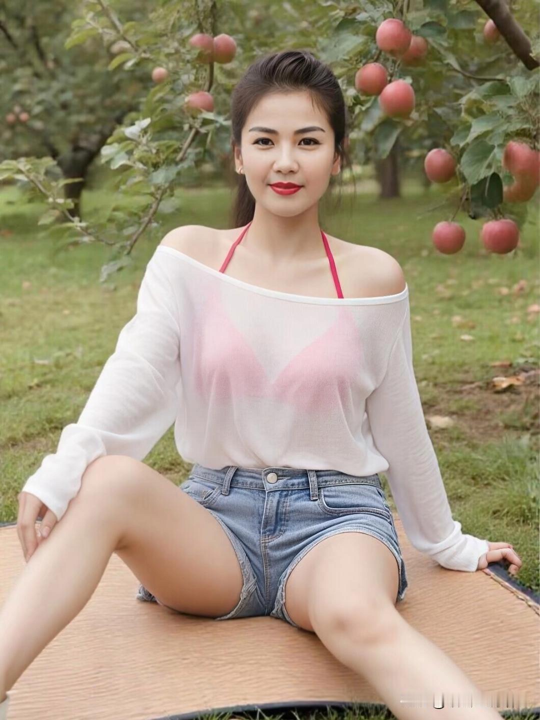 刘涛坐在草地上，笑容甜美，周围是红苹果树，真是个阳光明媚的好天气!