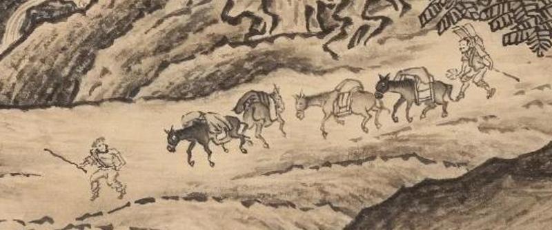 范宽：溪山行行旅图：画面生动形象，特别是画面的人物和驴。画面应