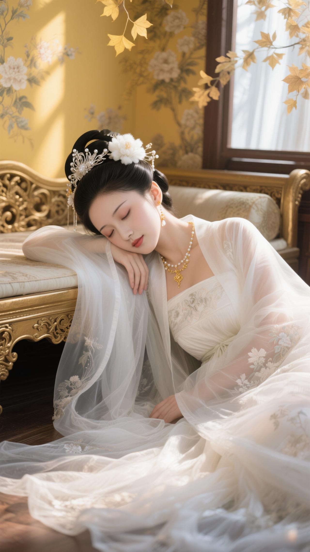 《醉花阴·金榻慵眠》白縠轻笼金榻静，鬓畔花凝影。暖日透窗纱，一叶秋光，偷