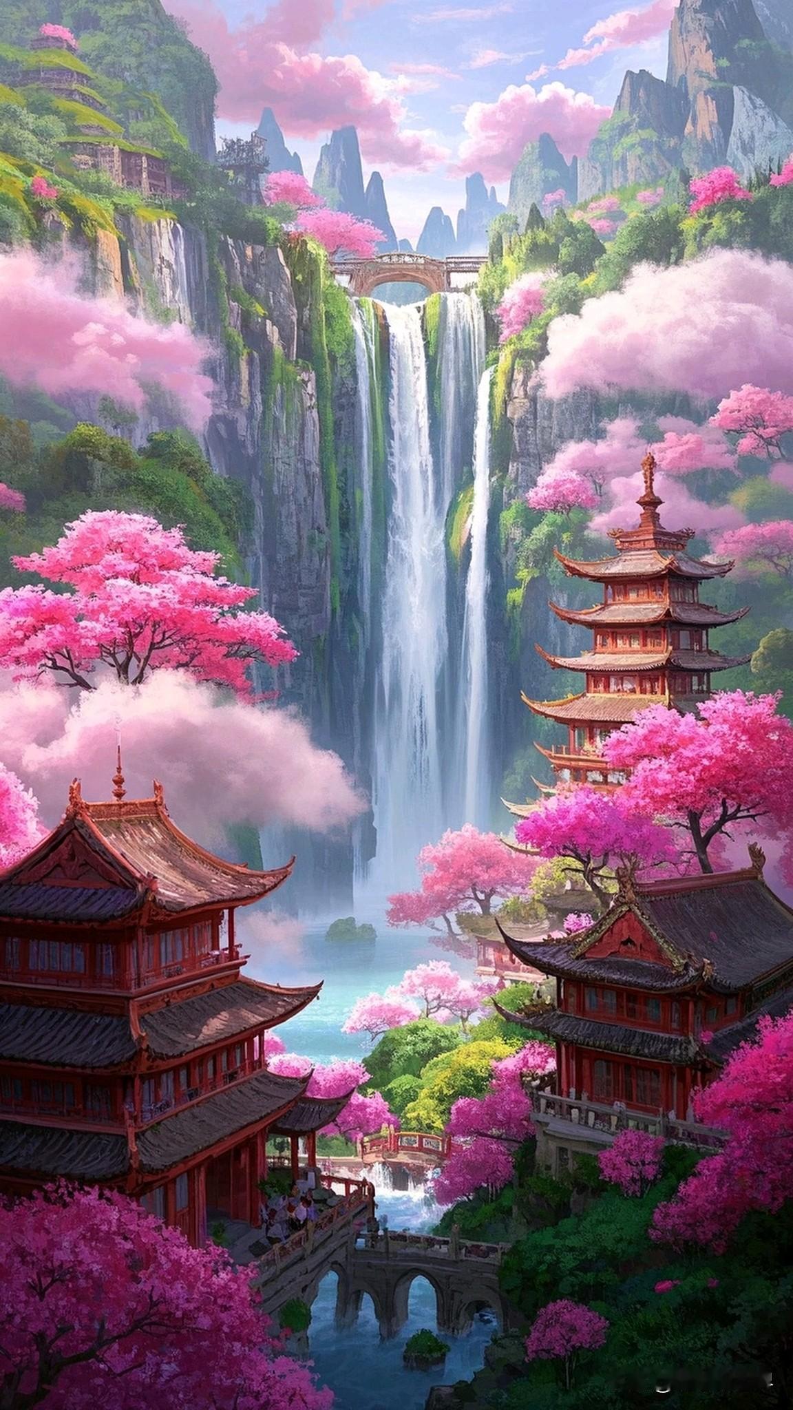 梦幻仙境，粉樱盛开，古风建筑，瀑布飞流，美不胜收！梦幻仙境瀑布梦幻粉花海