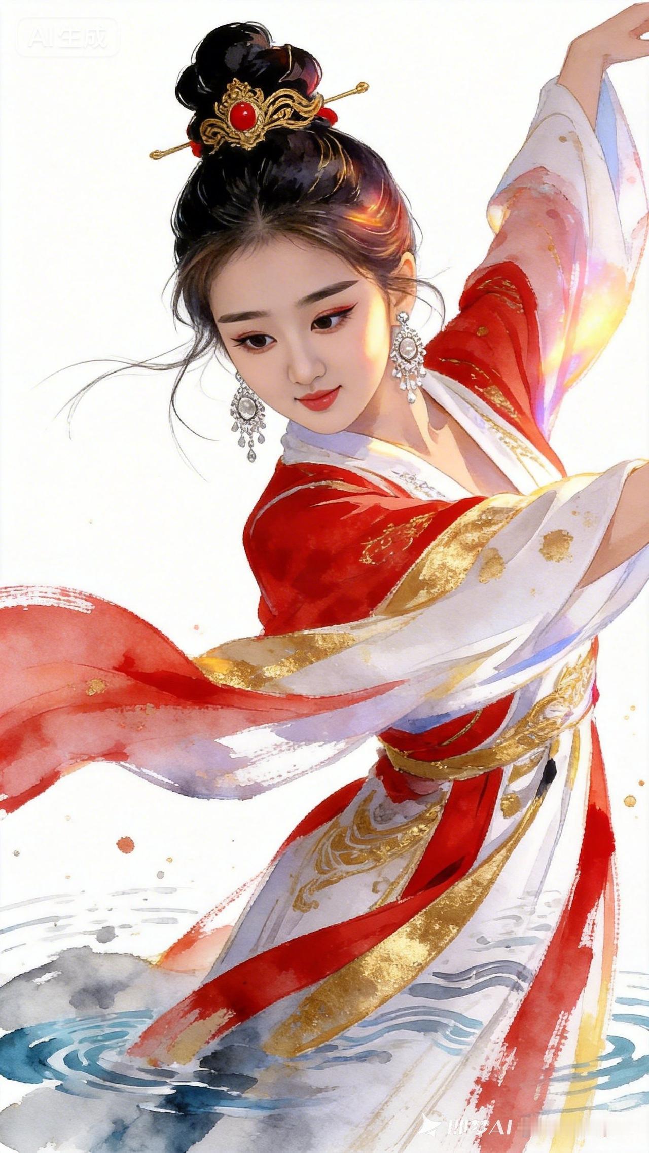 惊艳！古风美人翩翩起舞，红衣飘逸，金饰闪耀，宛如画中仙子。