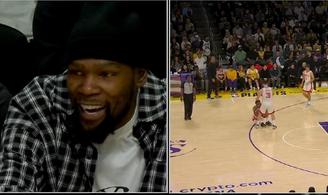 杜兰特笑的太尴尬了！在火箭客场挑战湖人的G5末节比赛中发生极其尴尬一幕:当火箭客