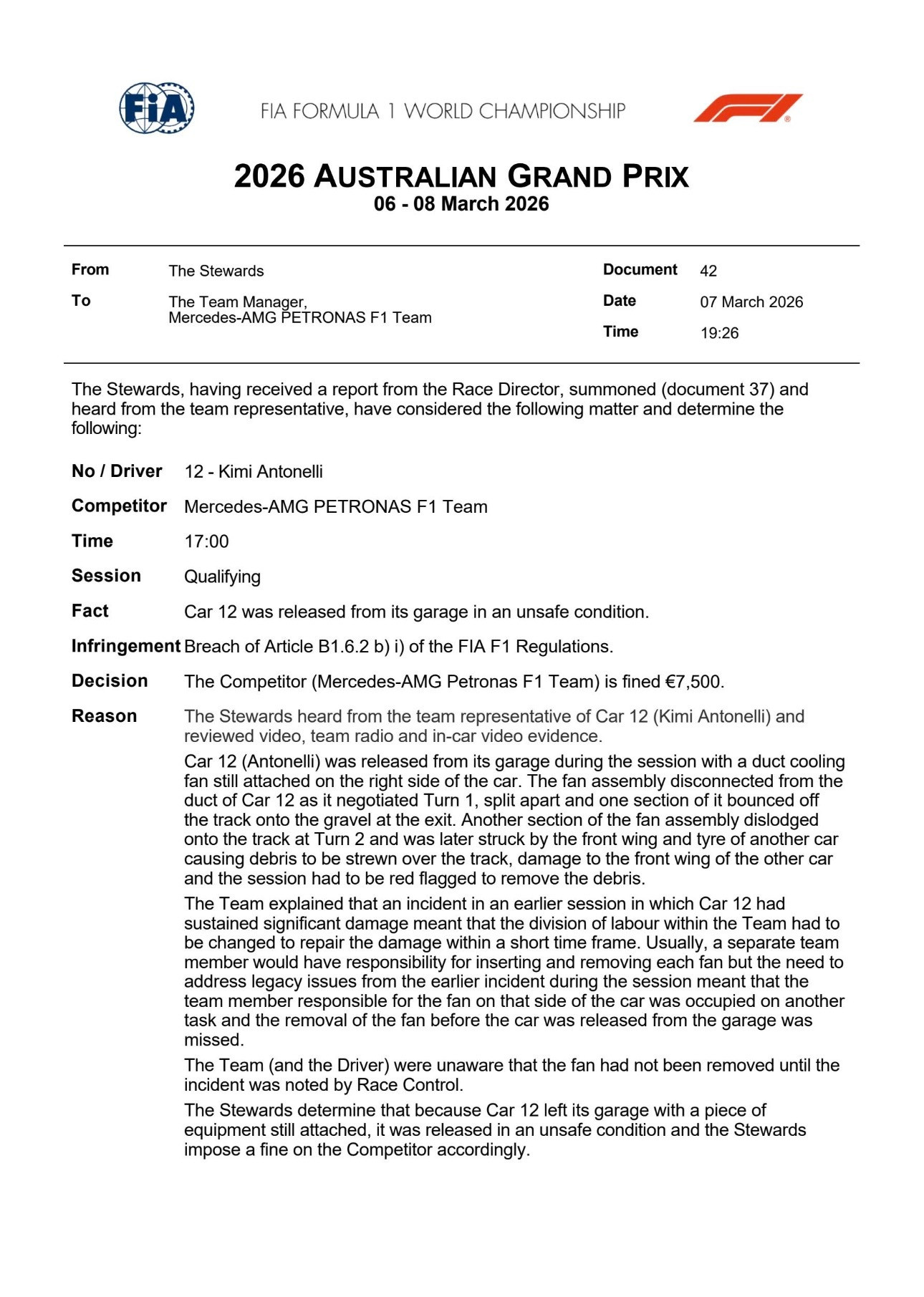 梅赛德斯车队因为不安全释放安东内利的赛车，被罚款7500欧元f12026f1澳大