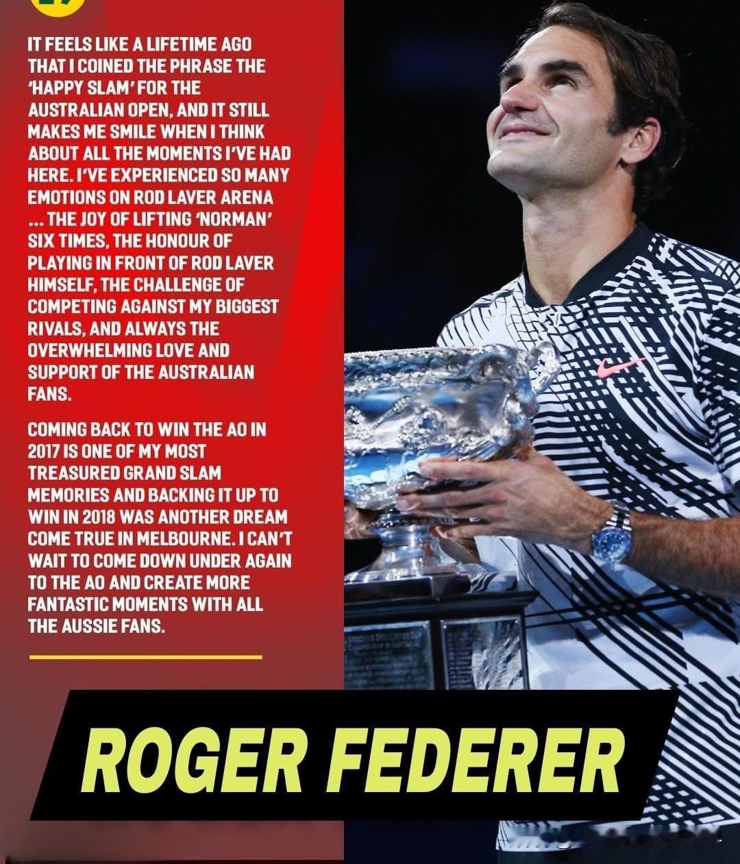 费德勒谈明年重返澳网赛场：“感觉我为澳网创造“快乐大满贯”这个说法已经是上辈子的