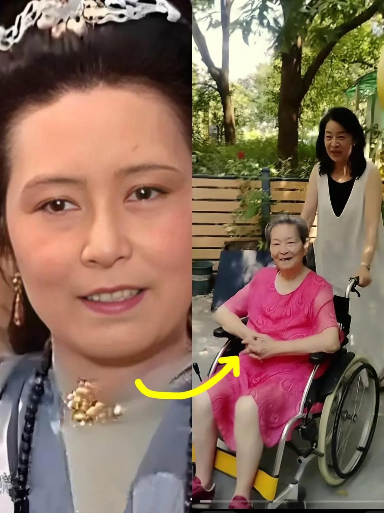 又见87版《红楼梦》里王夫人的扮演者周贤珍，93周岁，女儿顾艳推着她，一身带有孔
