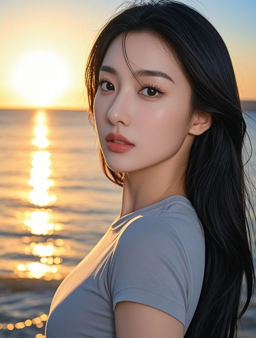 她在海边，感受夕阳带来的温馨