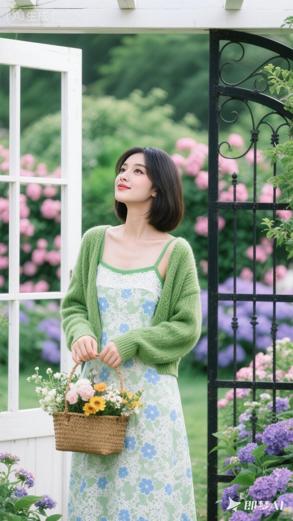 春日花海中的甜美少女，手捧花篮，尽显浪漫与温柔。