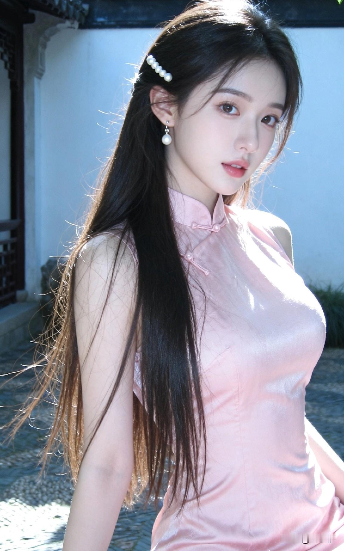 江南园林的白墙黛瓦间，一袭柔粉色旗袍真的太绝了！无袖剪裁衬得身姿轻盈，盘扣与缎