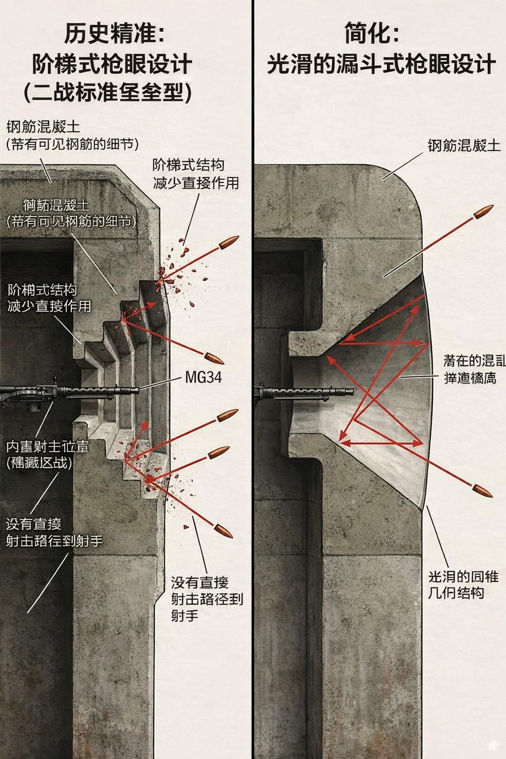 这张图你可能已经见过了，网上流传的说法是：“假碉堡射击孔＝子弹会被直接反弹到脸上