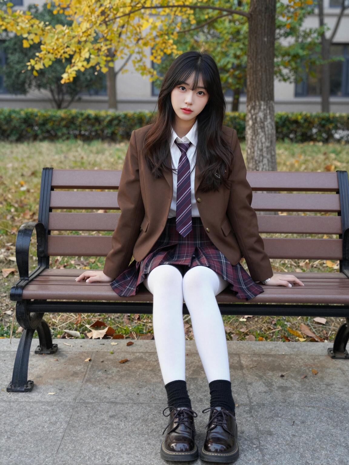 秋风起，落叶纷飞，美人倚长椅。