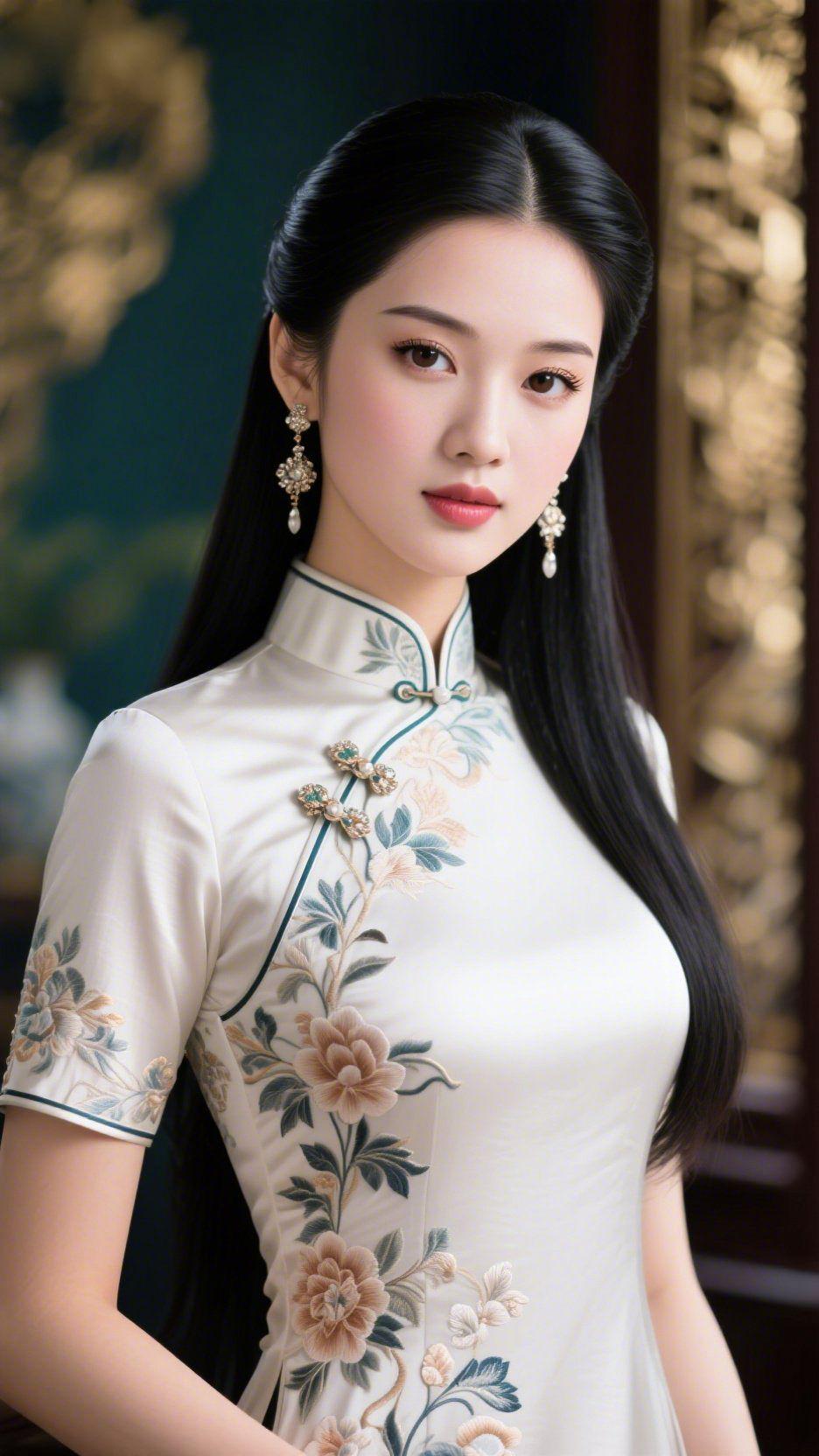 素襟绣韵伴雅柔米白旗袍浸着绣纹的柔，盘扣轻缀的雅致里，混着衣料的温润，连发