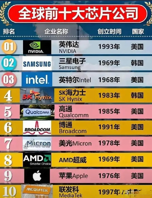 全球十大芯片公司。苹果公司：最强芯片，A18Pro。英伟达：最强芯片，ge