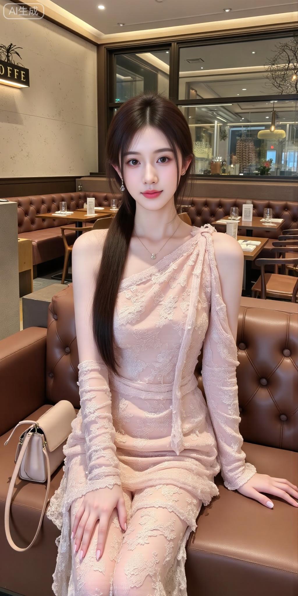 咖啡馆里的柔媚系美人粉纱蕾丝裙衬得贵气又娇柔，斜肩设计藏着恰到好处的性感~