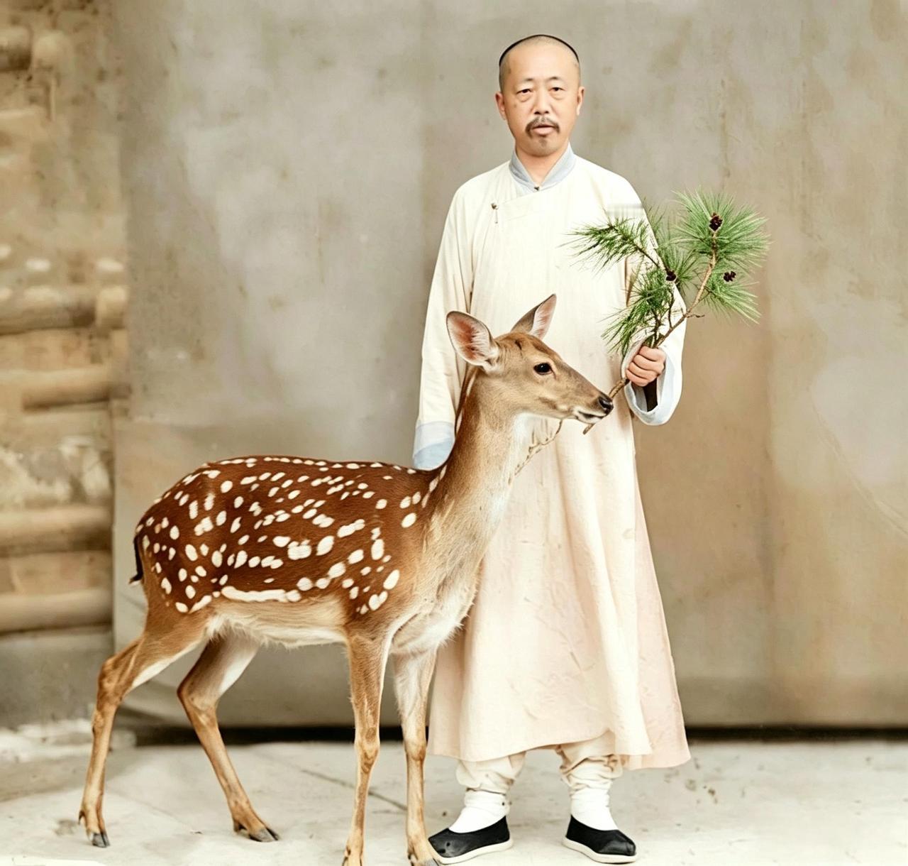 这是百年前醇亲王奕譞身着休闲便装与自己养了十多年的梅花鹿和谐相处。这只梅花鹿是都
