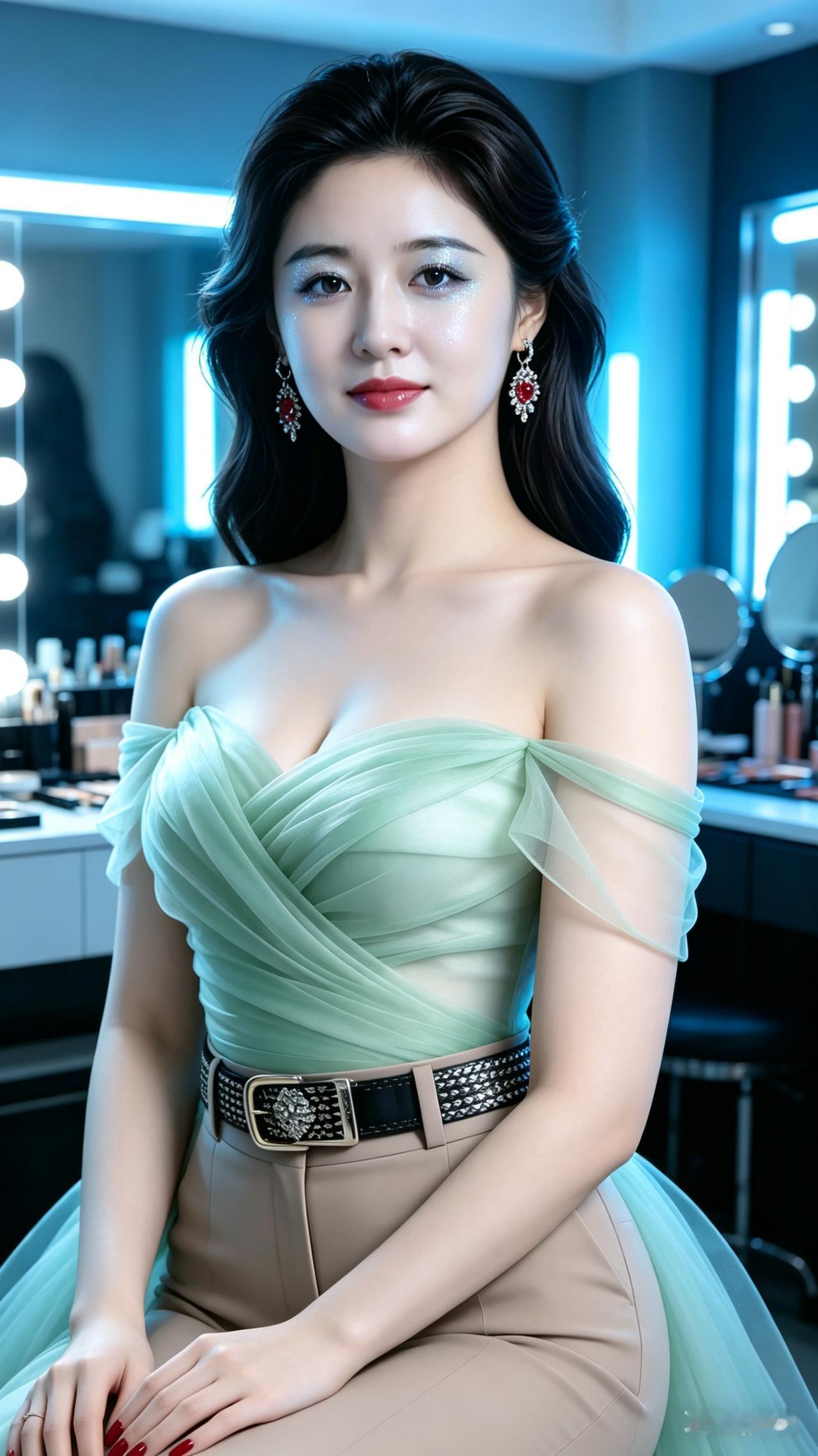 东方美人乌黑披肩长发，冷调细闪眼妆搭配利落眼线，卷翘睫毛与水光唇妆精致出彩。身处