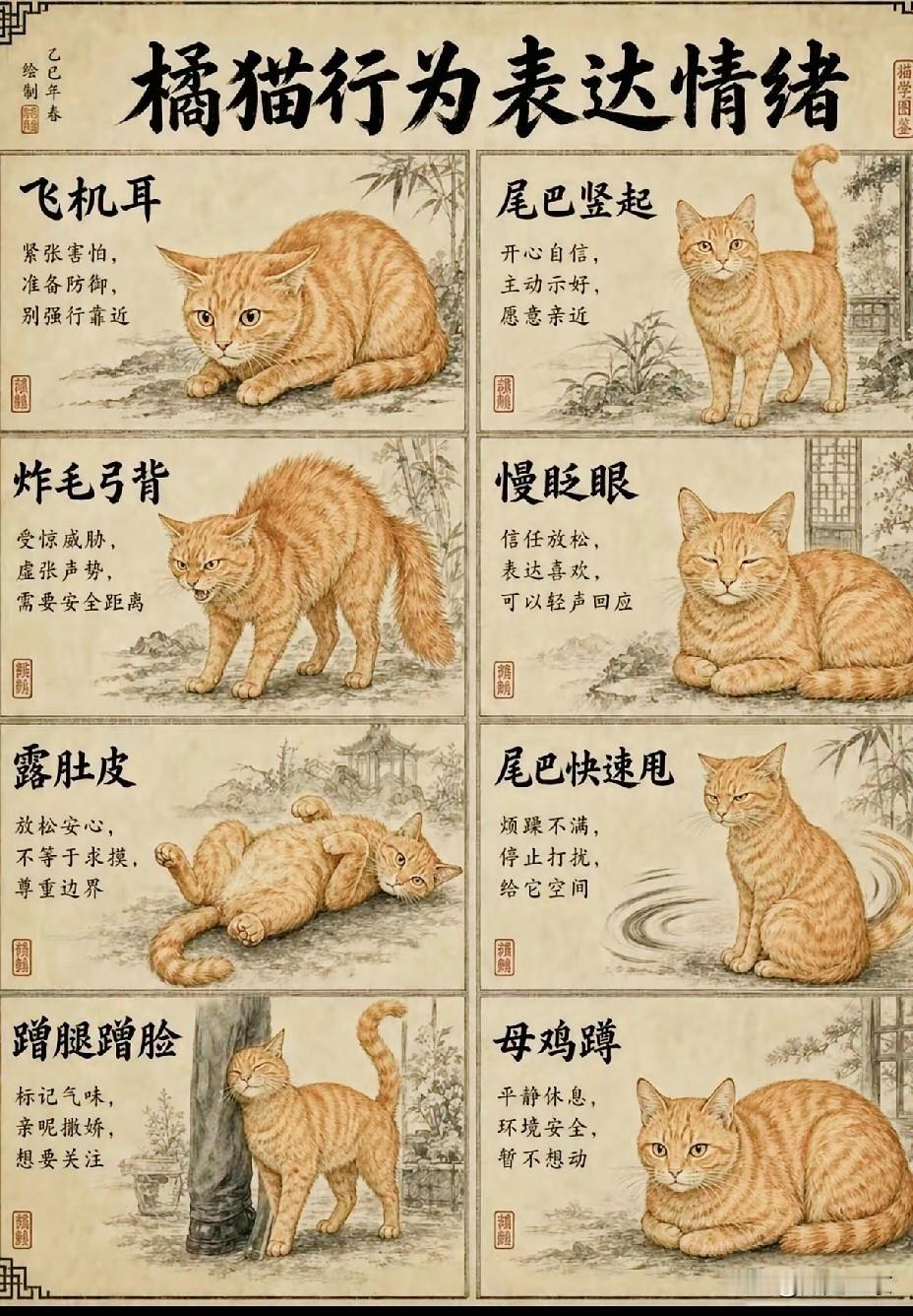 养猫的小伙伴快看过来！一张图读懂橘猫的情绪表达🐱很多时候猫咪的小动作都藏着小
