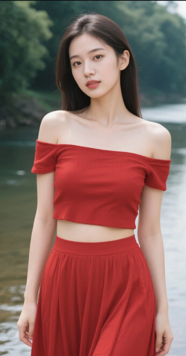 河畔特写定格，婀娜仙姝，身姿婀娜，浅笑低吟间散发独特韵味