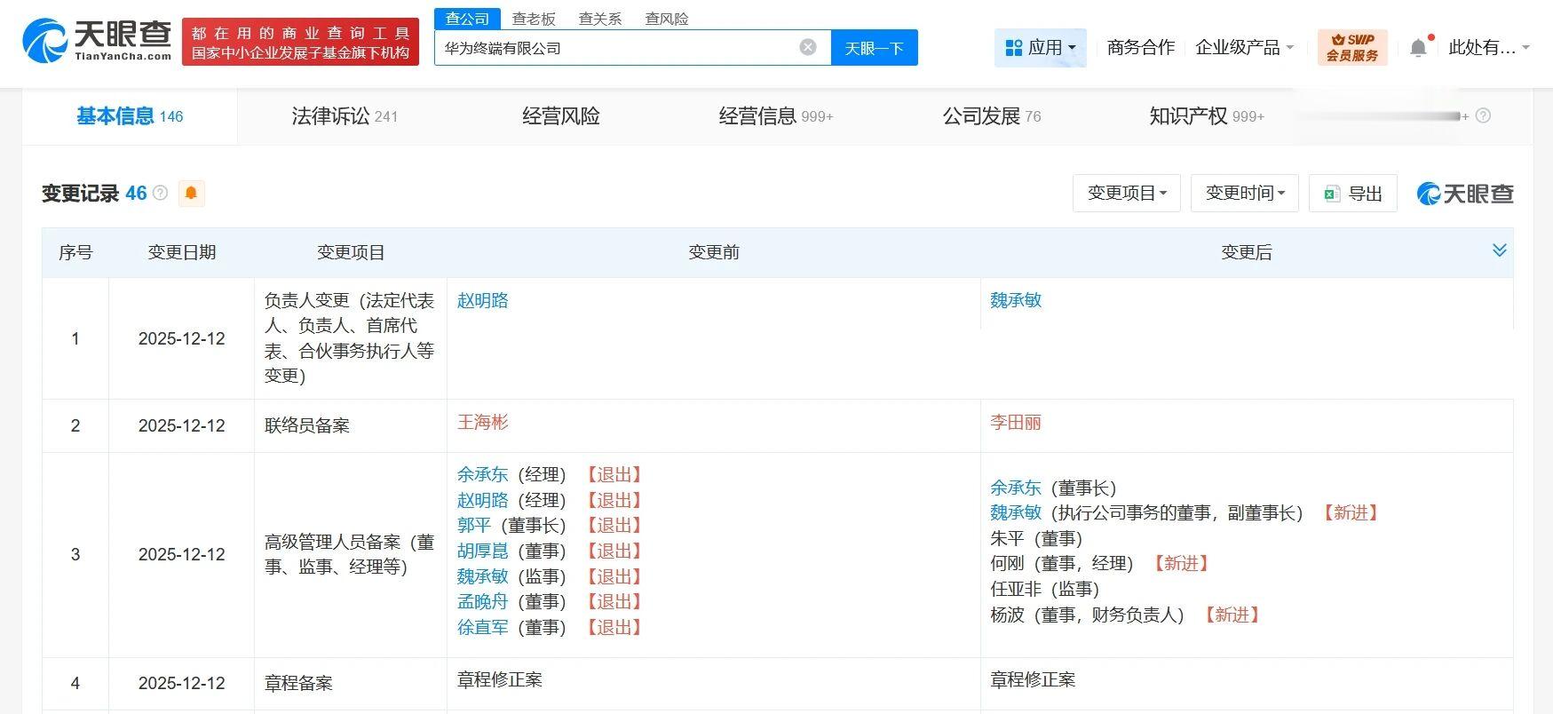 余承东出任华为终端公司董事长, 孟晚舟、徐直军等卸任董事