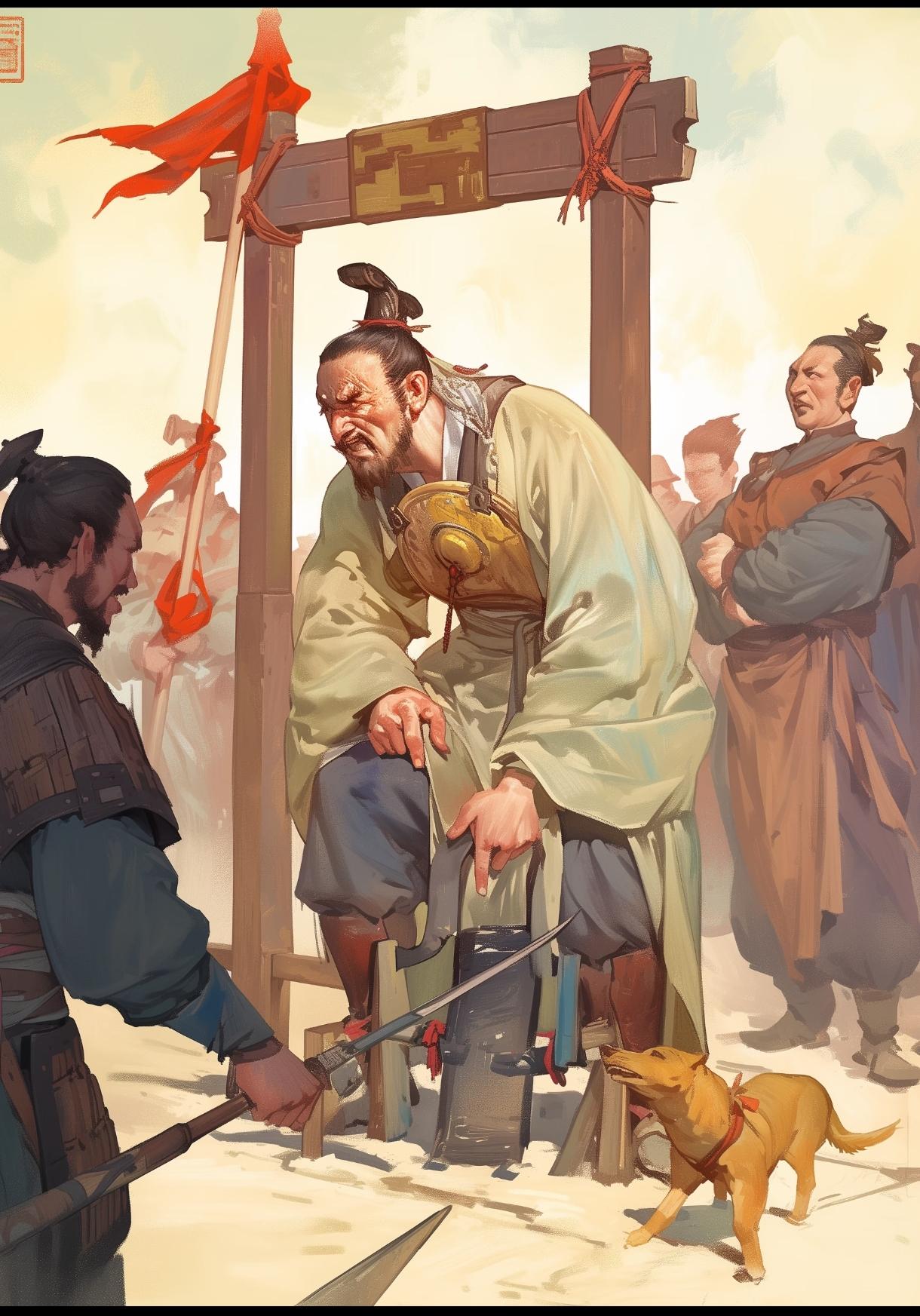 公元前208年七月，咸阳刑场刀斧手在等时辰。李斯趴在刑台上，背上没有一块