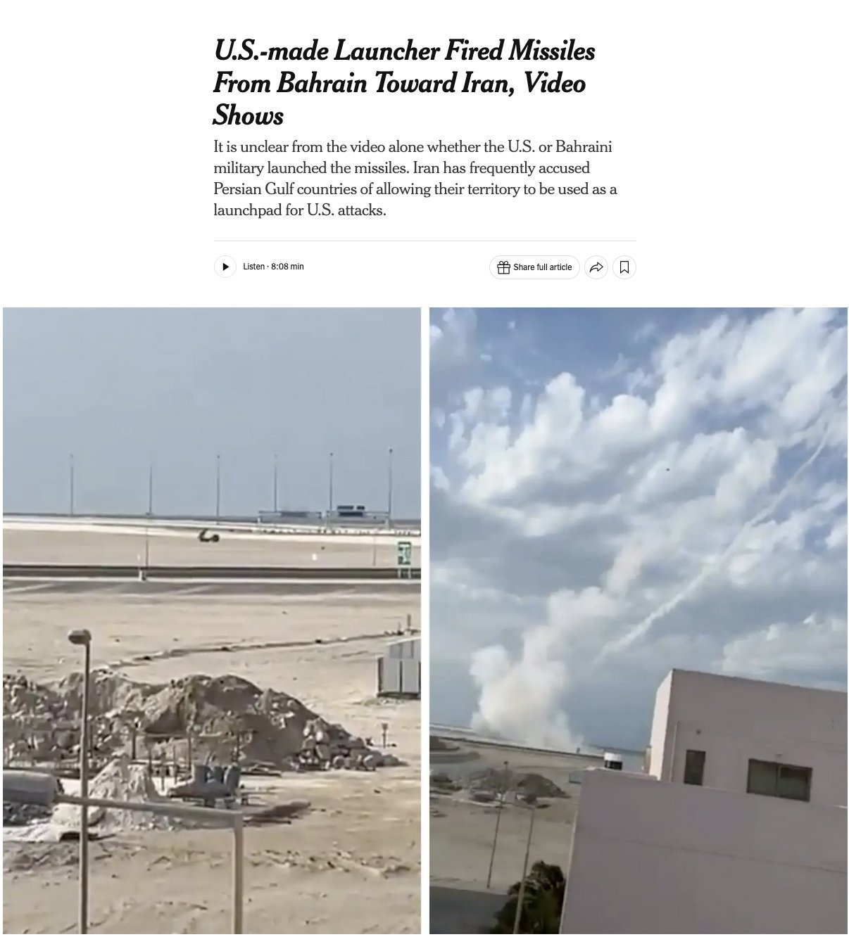 《纽约时报》证实的一段视频显示，巴林向伊朗发射了弹道导弹，可能是从美制海玛斯发射