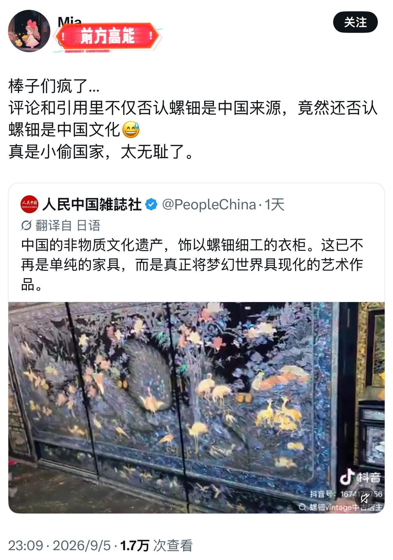 韩国网友又来碰瓷中国文化在X平台火了中国非遗螺钿衣柜火了，韩国网友破防：这是韩