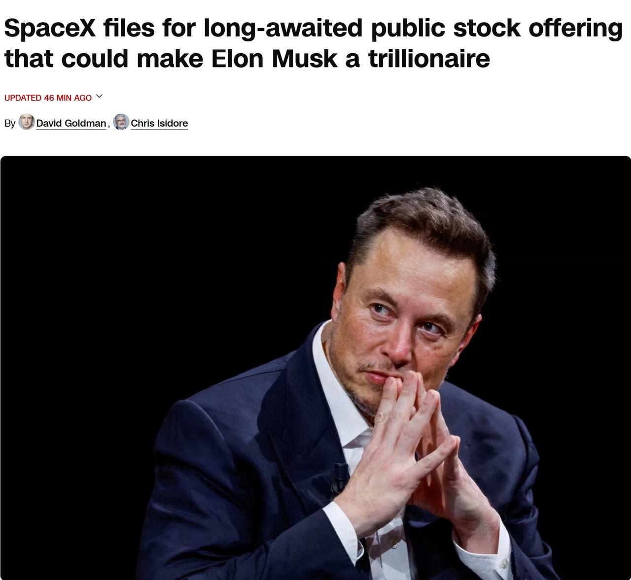 SpaceX准备上市，马斯克将成为世界上第一个万亿级富翁美国当地时间周三，S