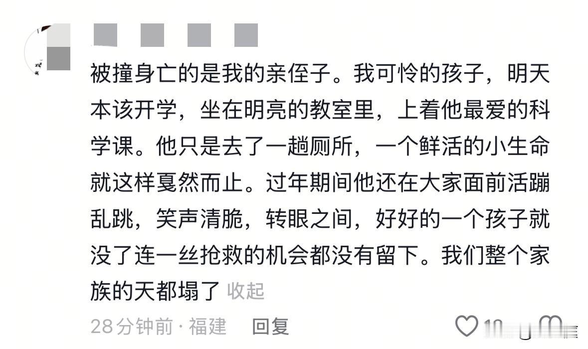 在服务区被撞身亡的11岁男孩是家里唯一的孩子！原本，他明天就要开学了，此番正是赶