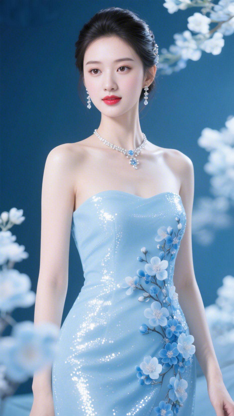 青蓝裙间栖春光浅蓝裙裾裹着细碎星芒垂落时，春风似是栖在了肩头。这抹清