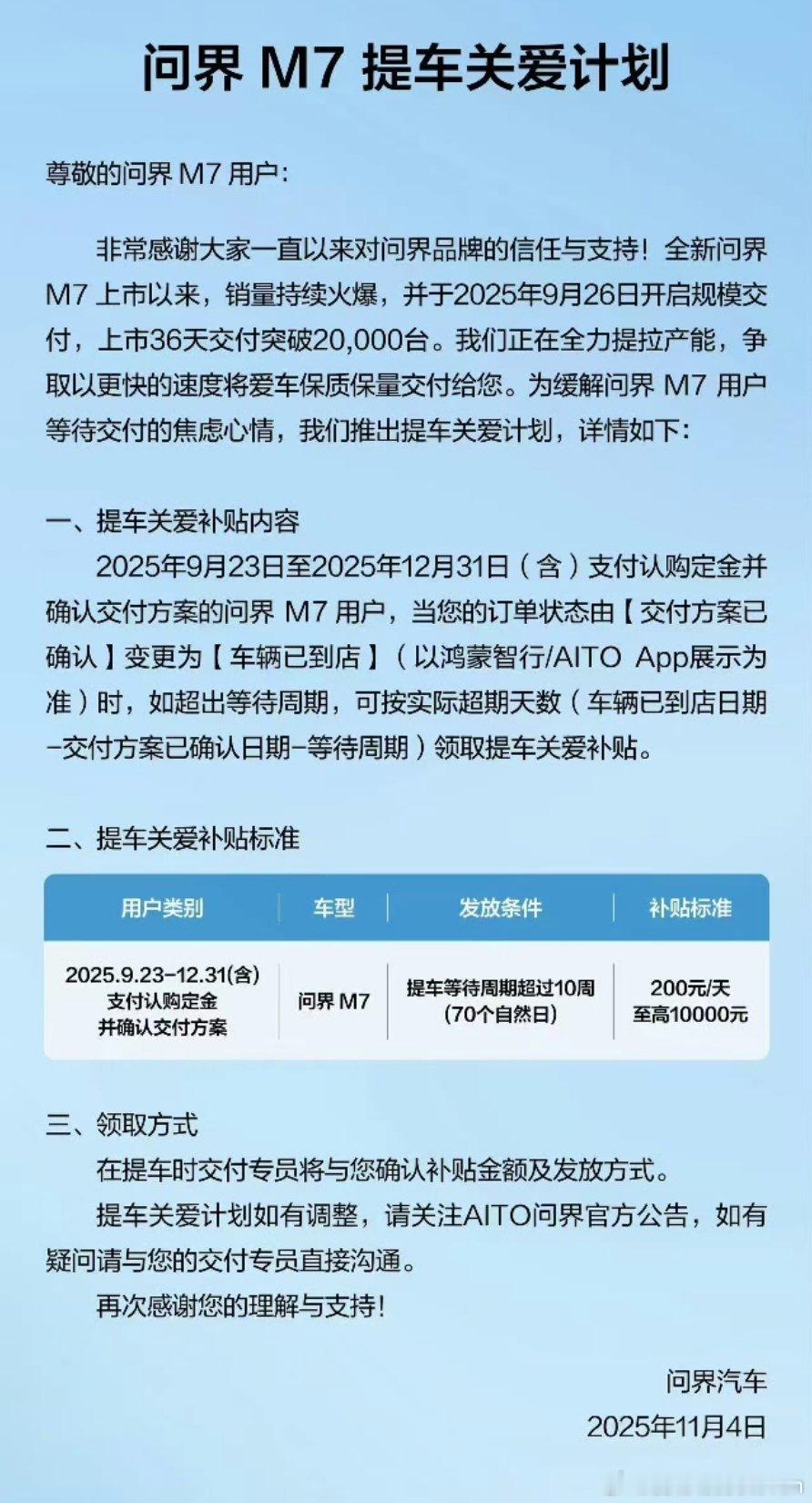 看来M7订单量有点大，先给吃点补贴。今年超过10周未提到车的用户一天200最高1