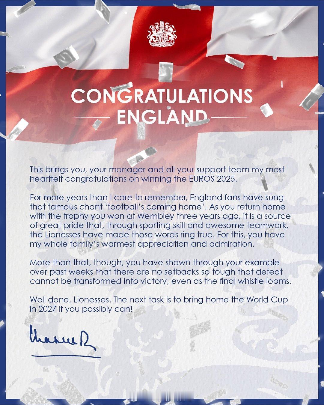英国王室白金汉宫发文祝贺英格兰女足成功卫冕欧洲杯冠军🏆​​​