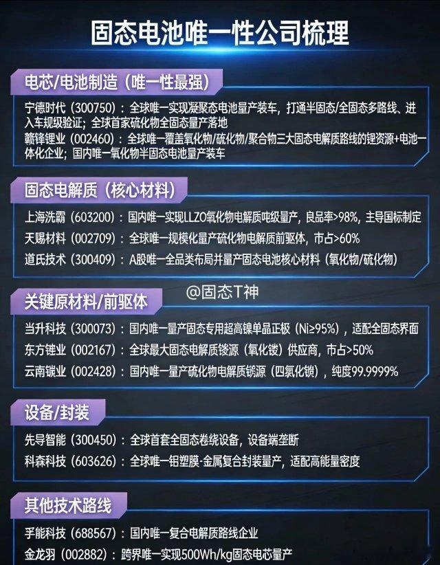固态电池唯一性公司梳理：一、电芯/电池制造（唯一性最强）•宁德时代（30075