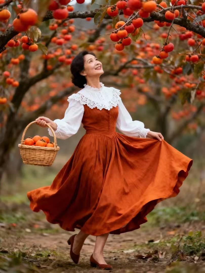 殿前欢·红柿佳人柿盈枝，佳人沉醉映丹姿。竹篮轻提裙高起，动韵成诗。侧抬