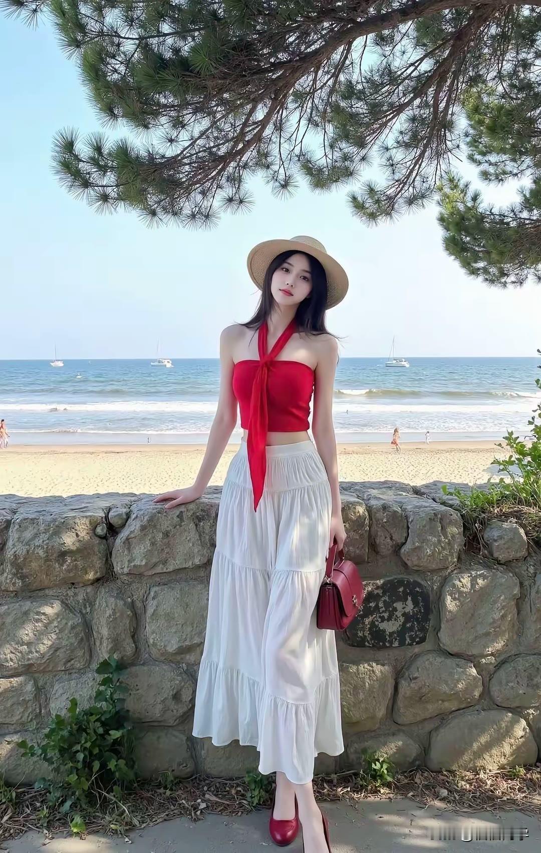 “红袖添香夜，轻纱拂海风”，这画面太美了。想象在一个静谧的夜晚，一位身着红裙的佳