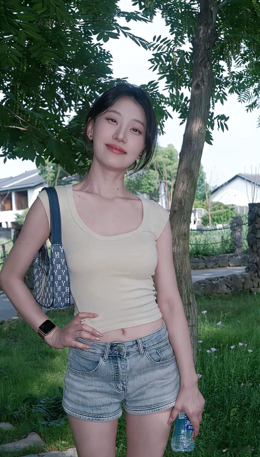 小姐姐夏日清新穿搭，浅黄色上衣搭配牛仔短裤，轻松自在！🌞👗👖～高颜值随手拍
