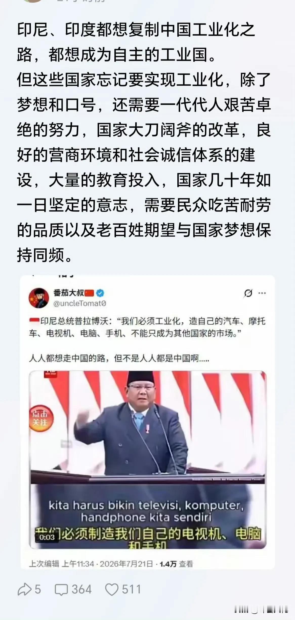 印度和印尼这些国家没有搞明白，外没有大国的扶持，内没有良好的经营环境，现阶段，已