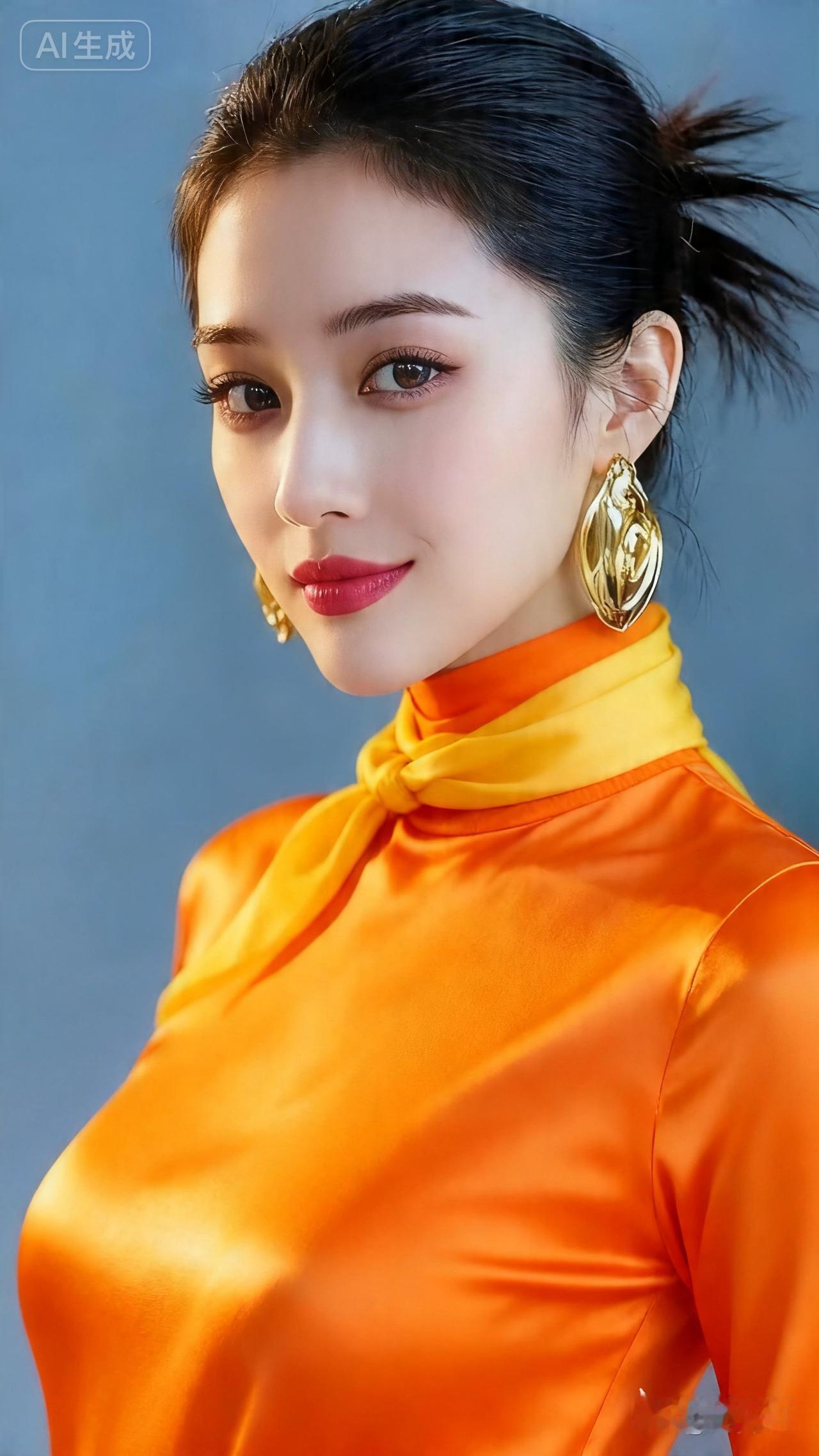 惊艳的橙色高领衫搭配金色耳环，时尚又优雅！